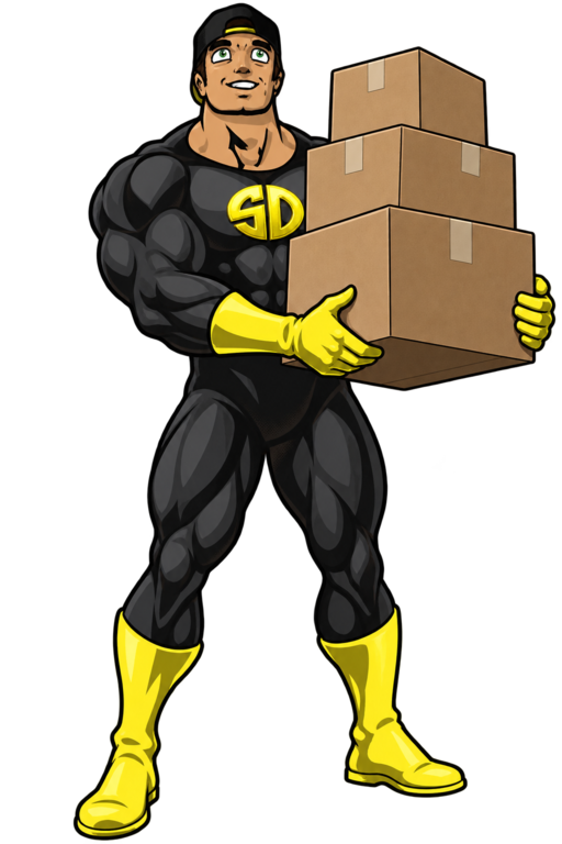 Déménageur Super Déménagement portant des cartons, prêt à intervenir